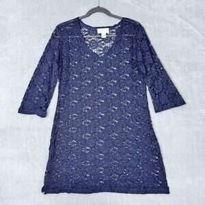 J‎ Valdi Cover Up Dress Womens Small Blue Crochet Lace Swim Beach Tunic V Neck